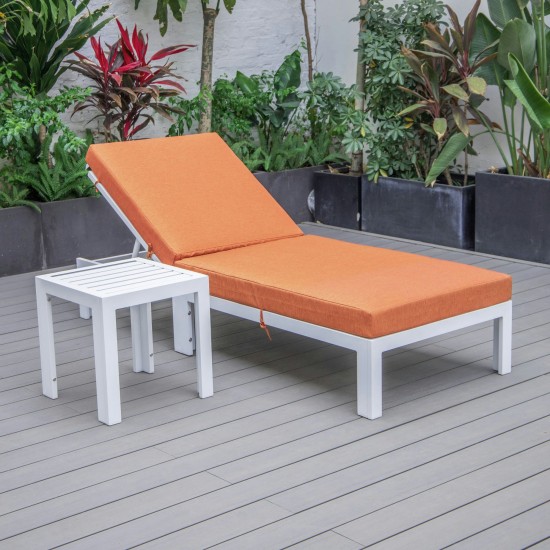 LeisureMod Chelsea White Lounge Chair With Side Table & Cushions - Orange