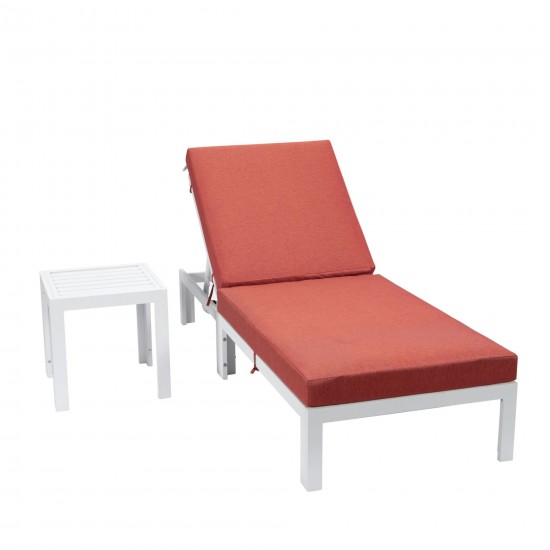 LeisureMod Chelsea Outdoor White Lounge Chair With Side Table & Cushions - Red