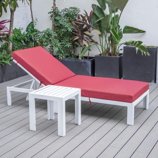 LeisureMod Chelsea Outdoor White Lounge Chair With Side Table & Cushions - Red