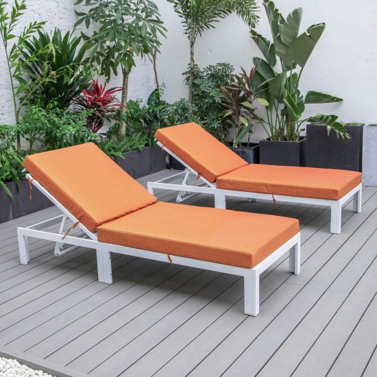 LeisureMod Chelsea Outdoor White Lounge Chair With Cushions Set of 2 - Orange