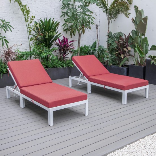 LeisureMod Chelsea Outdoor White Lounge Chair With Cushions Set of 2 - Red