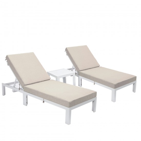 LeisureMod Chelsea White Lounge Chair Set of 2 With Side Table - Beige