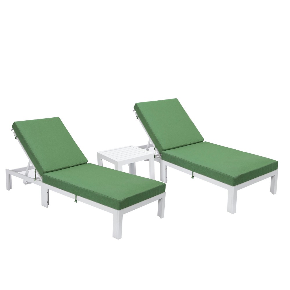 LeisureMod Chelsea White Lounge Chair Set of 2 With Side Table - Green