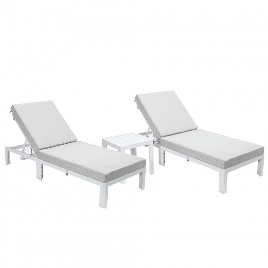LeisureMod Chelsea White Lounge Chair Set of 2 With Side Table & Cushions - Grey