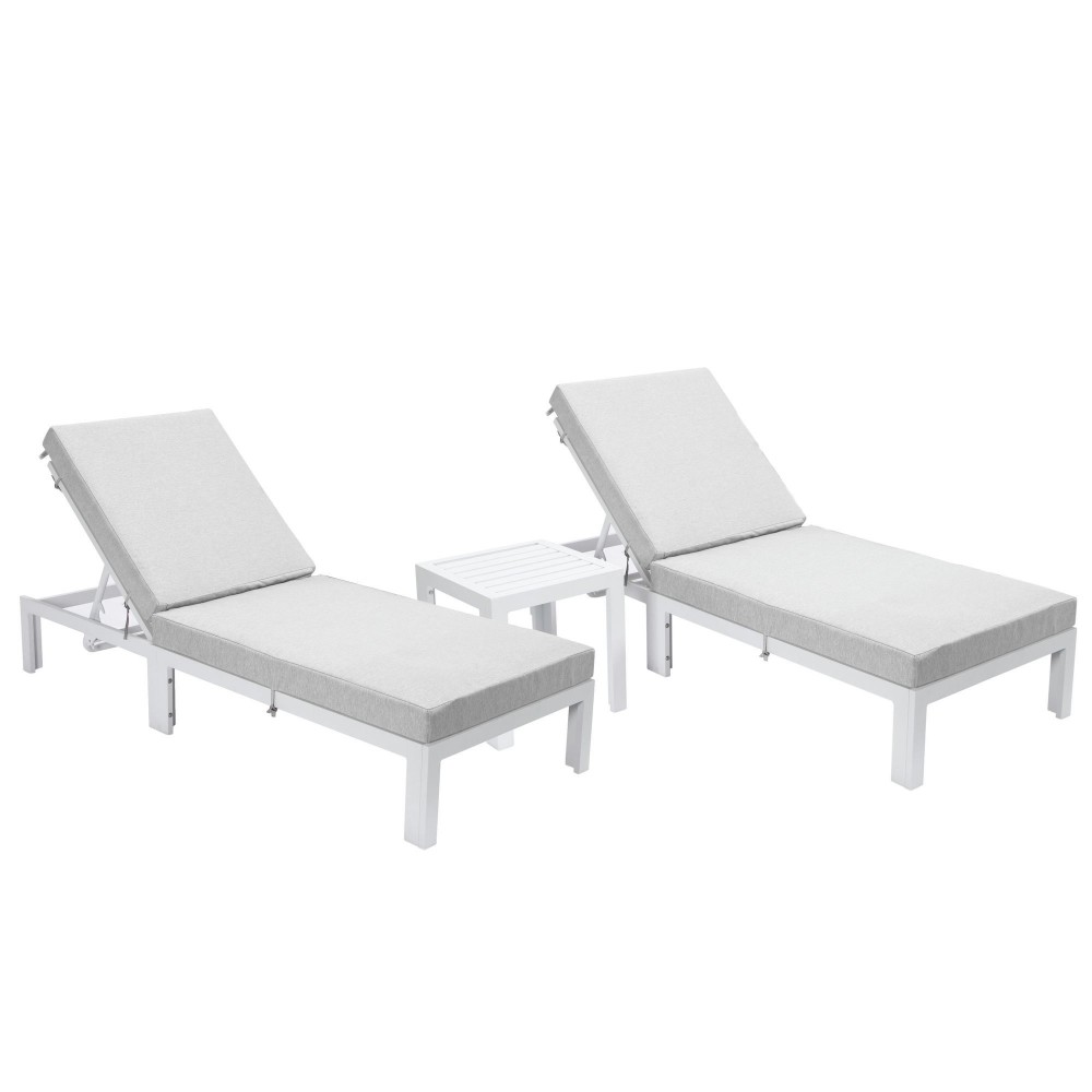 LeisureMod Chelsea White Lounge Chair Set of 2 With Side Table & Cushions - Grey