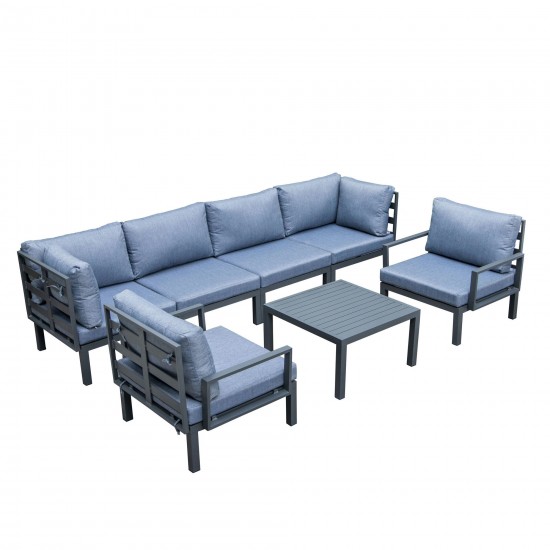 LeisureMod Hamilton 7-Piece Conversation Set With Coffee Table - Charcoal Blue