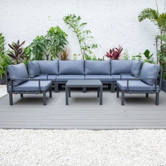 LeisureMod Hamilton 7-Piece Conversation Set With Coffee Table - Charcoal Blue