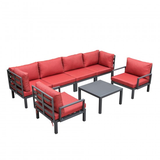 LeisureMod Hamilton 7-Piece Conversation Set With Coffee Table & Cushions - Red