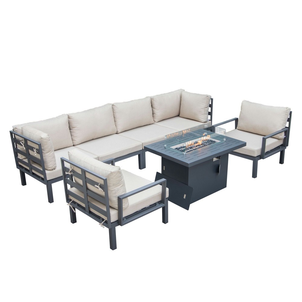 LeisureMod Hamilton 7-Piece Conversation Set With Fire Pit Table - Beige