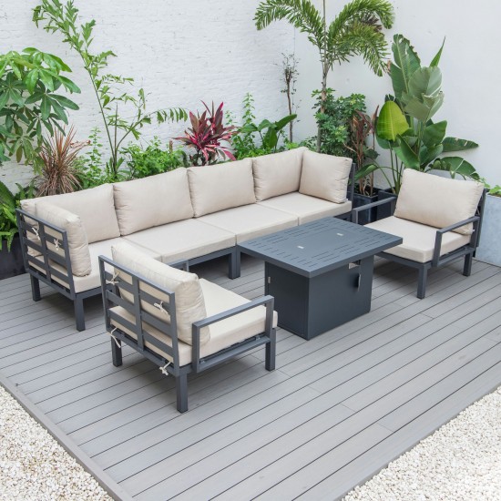 LeisureMod Hamilton 7-Piece Conversation Set With Fire Pit Table - Beige