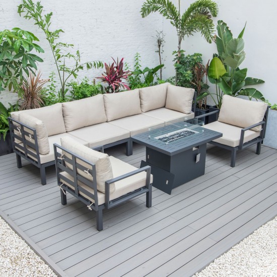 LeisureMod Hamilton 7-Piece Conversation Set With Fire Pit Table - Beige