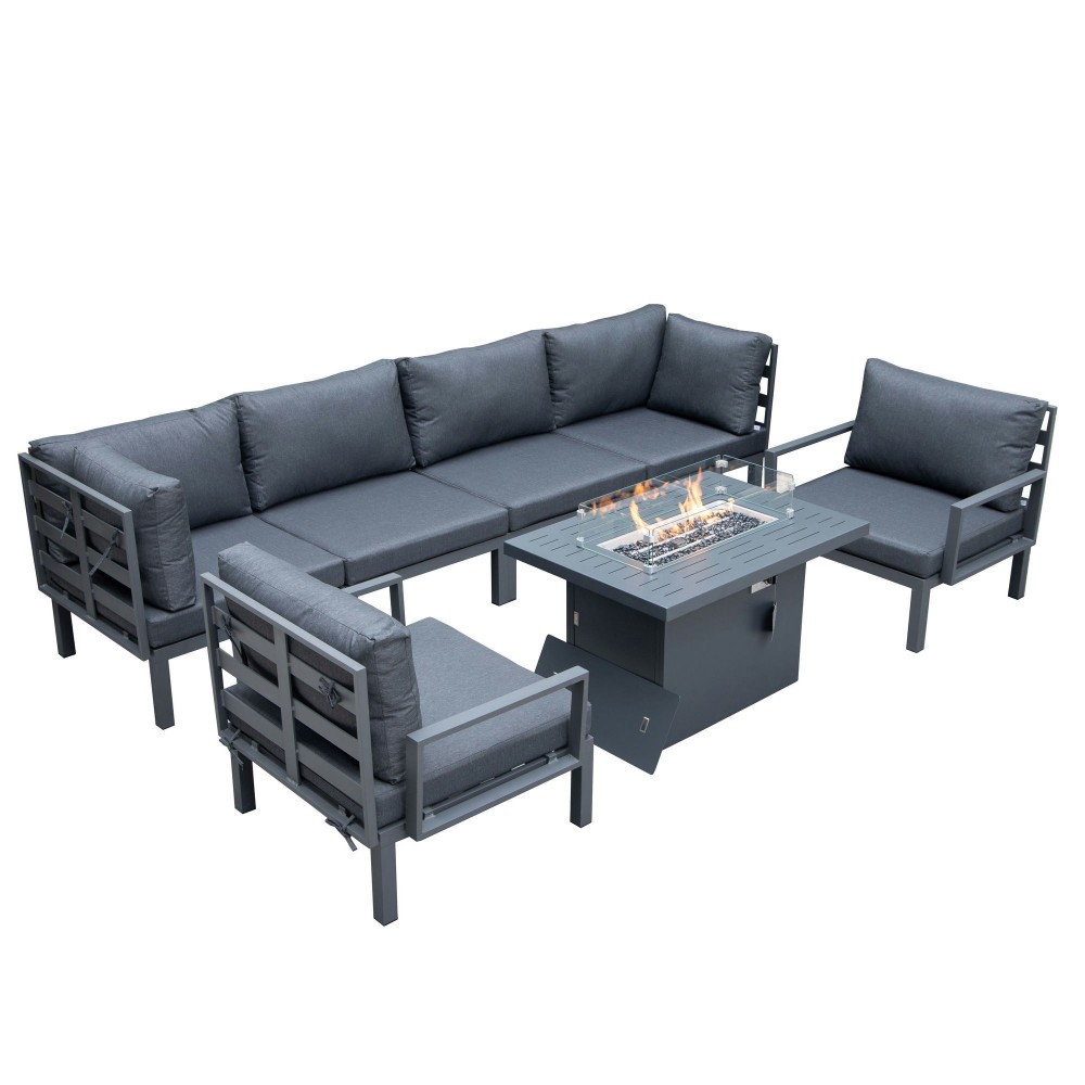 LeisureMod Hamilton 7-Piece Conversation Set With Fire Pit Table - Black