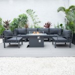 LeisureMod Hamilton 7-Piece Conversation Set With Fire Pit Table - Black