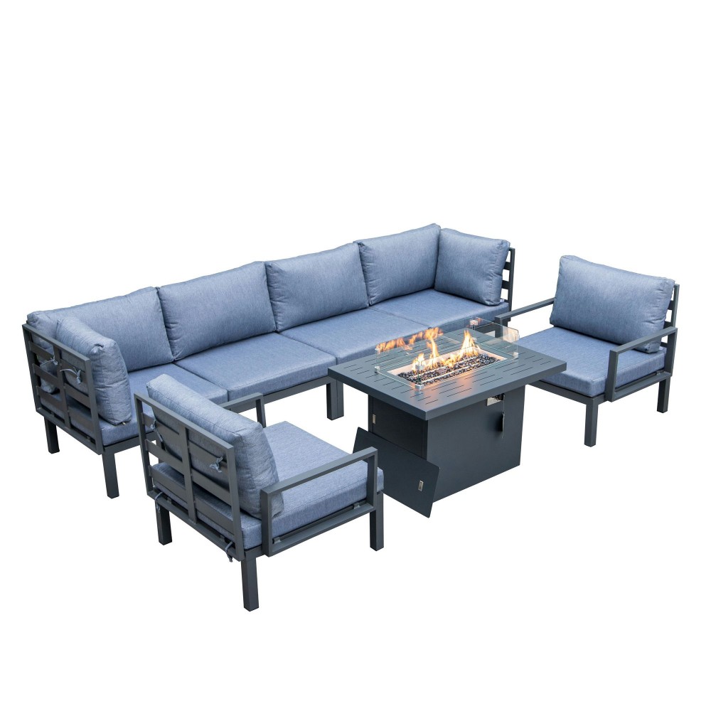 LeisureMod Hamilton 7-Piece Conversation Set With Fire Pit Table - Charcoal Blue