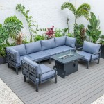 LeisureMod Hamilton 7-Piece Conversation Set With Fire Pit Table - Charcoal Blue