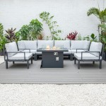 LeisureMod Hamilton 7-Piece Conversation Set With Fire Pit Table - Grey
