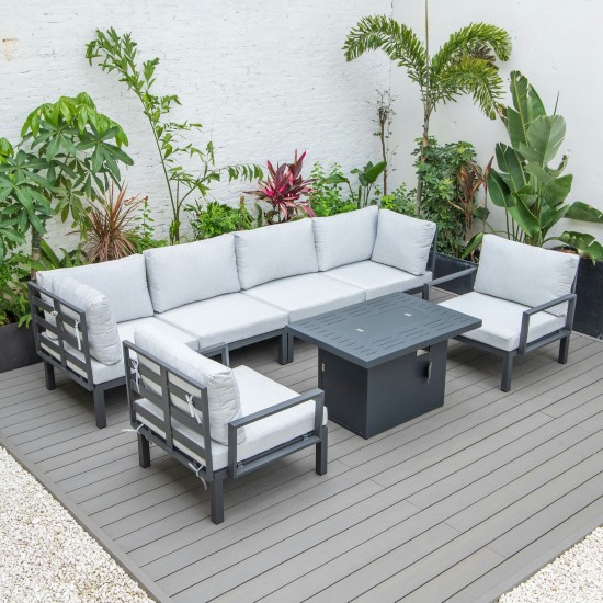 LeisureMod Hamilton 7-Piece Conversation Set With Fire Pit Table - Grey