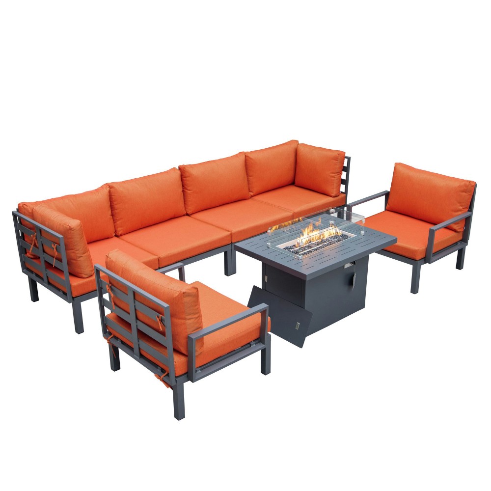 LeisureMod Hamilton 7-Piece Conversation Set With Fire Pit Table - Orange