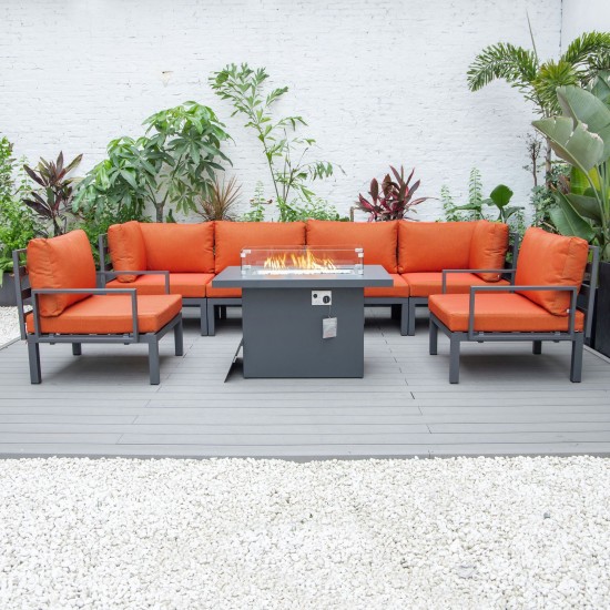 LeisureMod Hamilton 7-Piece Conversation Set With Fire Pit Table - Orange