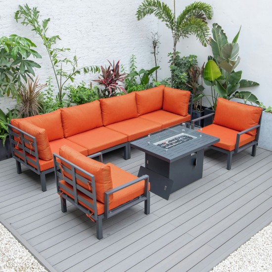 LeisureMod Hamilton 7-Piece Conversation Set With Fire Pit Table - Orange