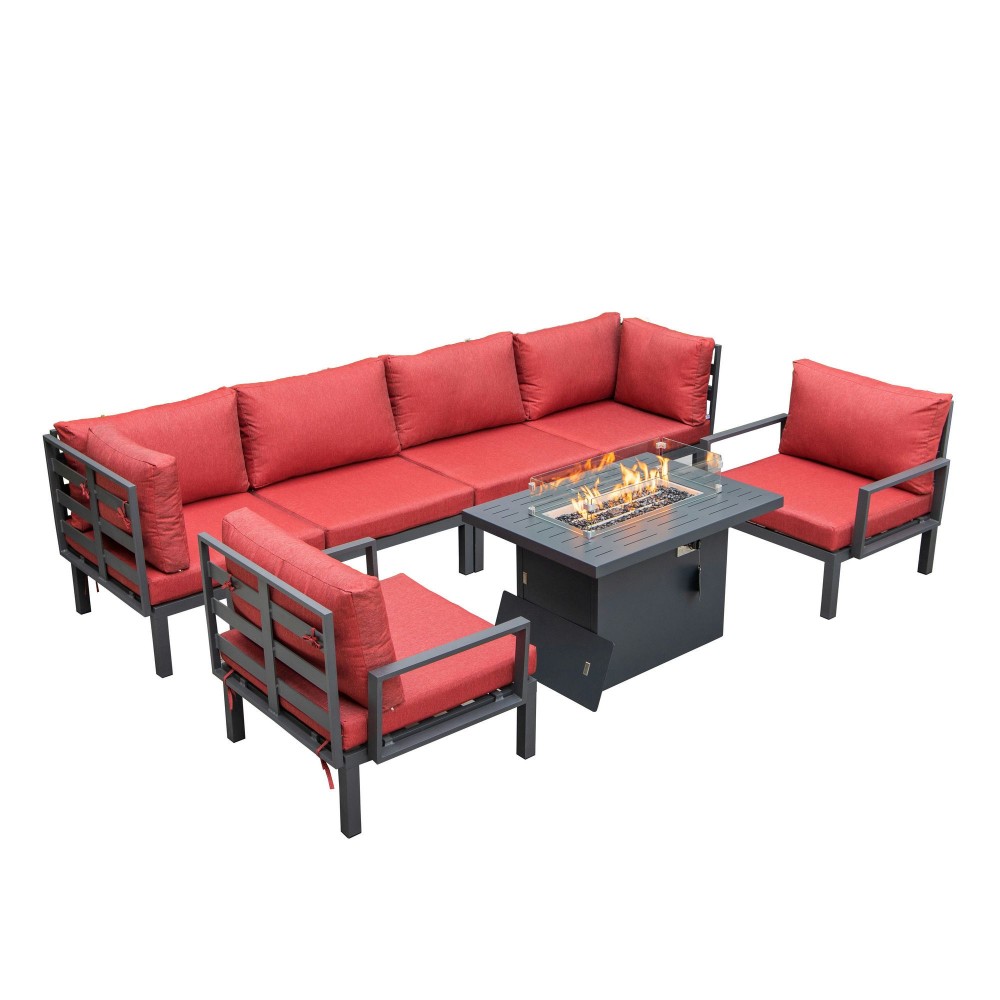 LeisureMod Hamilton 7-Piece Conversation Set With Fire Pit Table - Red