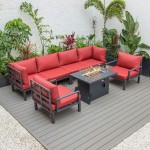 LeisureMod Hamilton 7-Piece Conversation Set With Fire Pit Table - Red