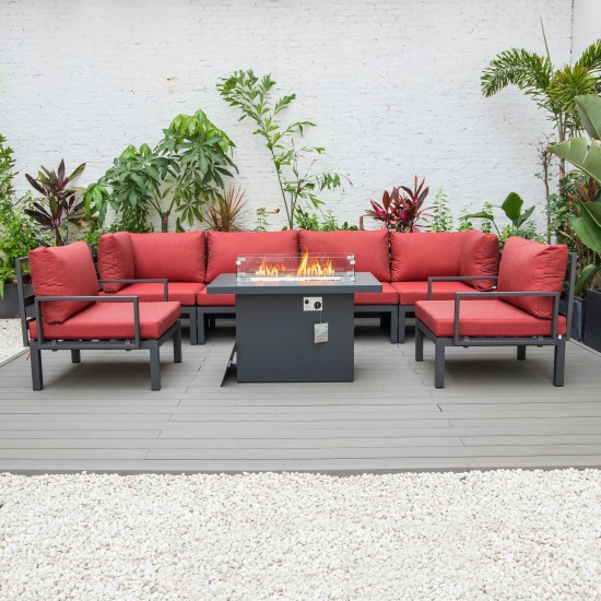 LeisureMod Hamilton 7-Piece Conversation Set With Fire Pit Table - Red