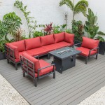 LeisureMod Hamilton 7-Piece Conversation Set With Fire Pit Table - Red