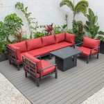 LeisureMod Hamilton 7-Piece Conversation Set With Fire Pit Table - Red