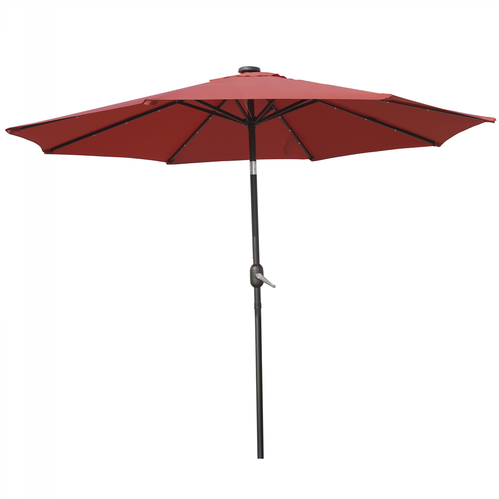 LeisureMod Sierra 9 ft Steel Market Umbrella With Solar Powerd LED & Tilt - Red