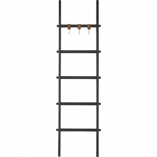 Mareva Black Mango Wood Decorative Ladder For Throws W/ Pu Leather Accent Hooks