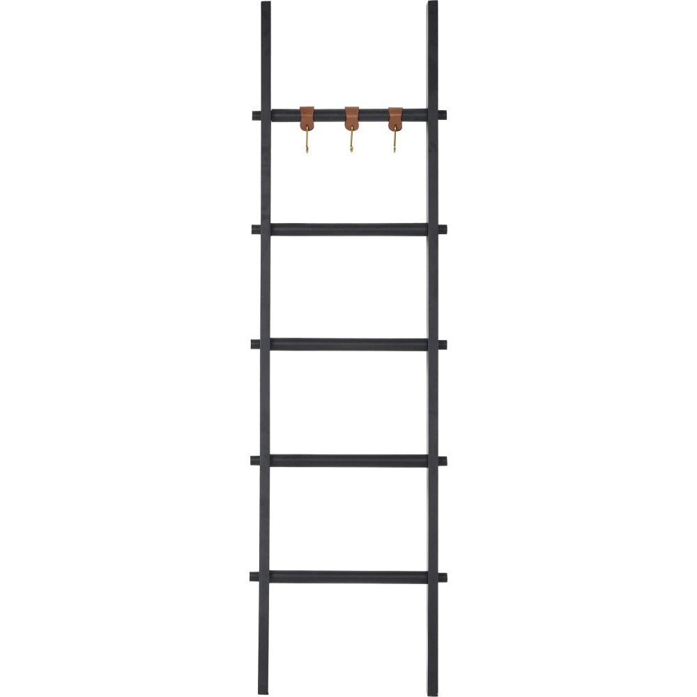 Mareva Black Mango Wood Decorative Ladder For Throws W/ Pu Leather Accent Hooks