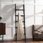 Mareva Black Mango Wood Decorative Ladder For Throws W/ Pu Leather Accent Hooks