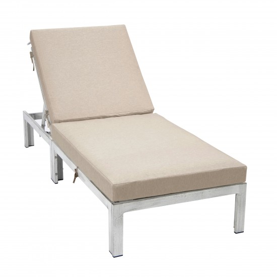 LeisureMod Chelsea Outdoor Grey Chaise Lounge Chair With Cushions, Beige