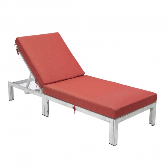 LeisureMod Chelsea Outdoor Grey Chaise Lounge Chair With Cushions, Red