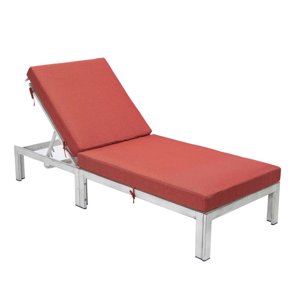 LeisureMod Chelsea Outdoor Grey Chaise Lounge Chair With Cushions, Red