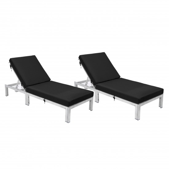 LeisureMod Chelsea Outdoor Grey Chaise Lounge Chair w/Cushions Set of 2, Black