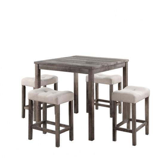 Lucian Brown 5 Piece 36" Pub Table Set with Tufted Creamy White Linen Stools