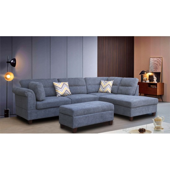 Diego Gray Fabric Sectional Sofa, Storage Ottoman, and 2 Accent Pillows