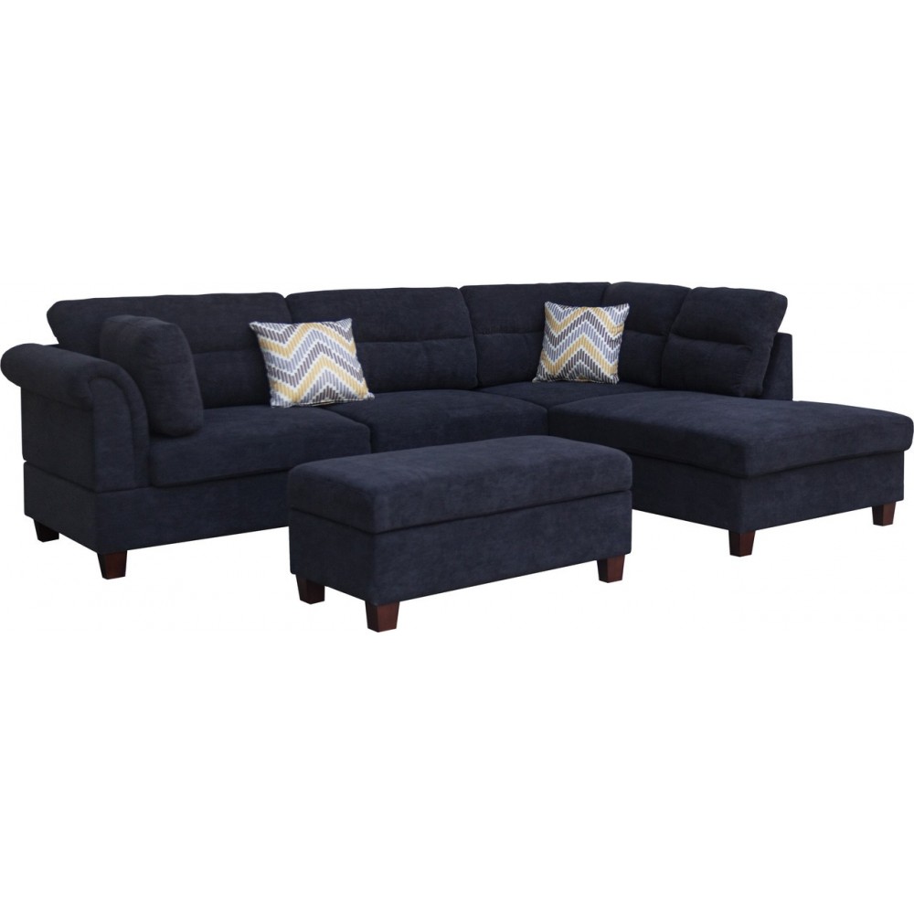 Diego Black Fabric Sectional Sofa, Storage Ottoman, and 2 Accent Pillows