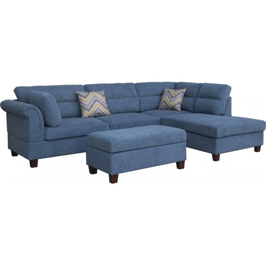 Diego Blue Fabric Sectional Sofa, Storage Ottoman, and 2 Accent Pillows