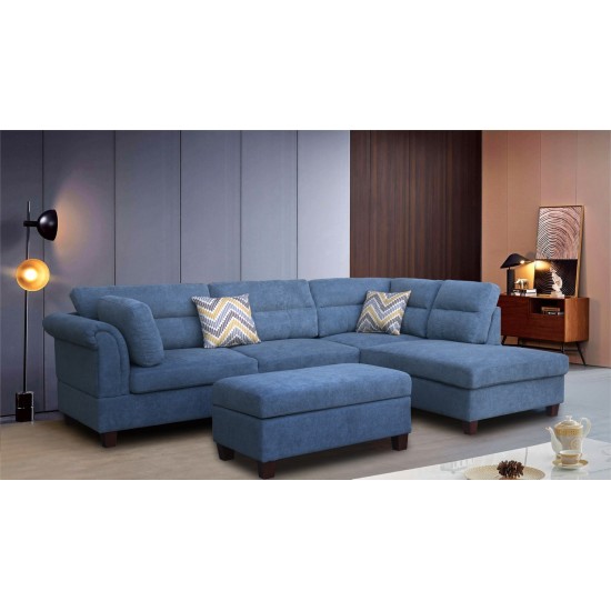 Diego Blue Fabric Sectional Sofa, Storage Ottoman, and 2 Accent Pillows