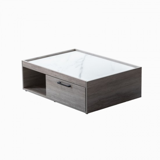 Apollo Gray Oak Finish Coffee Table with Marble Finish Top with Drawer