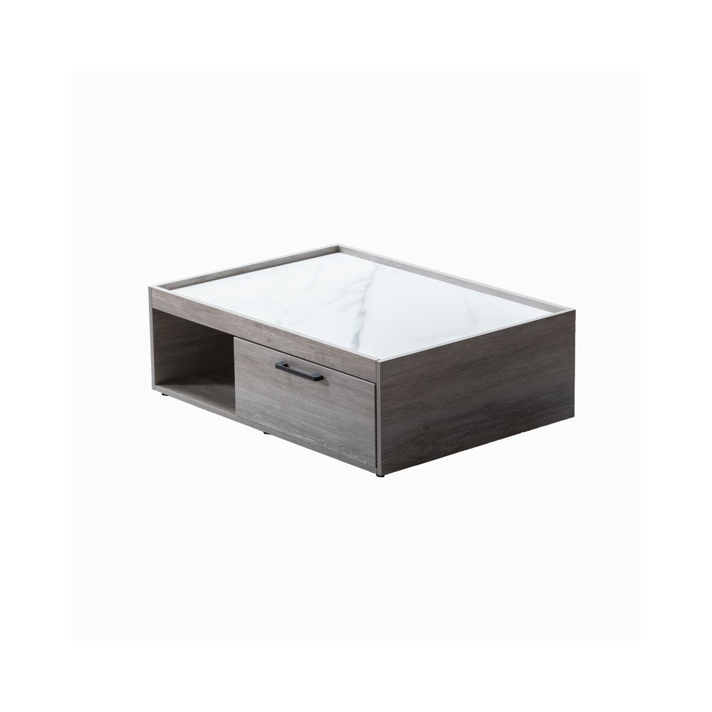 Apollo Gray Oak Finish Coffee Table with Marble Finish Top with Drawer