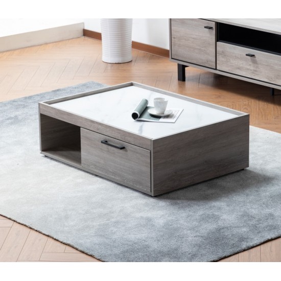 Apollo Gray Oak Finish Coffee Table with Marble Finish Top with Drawer