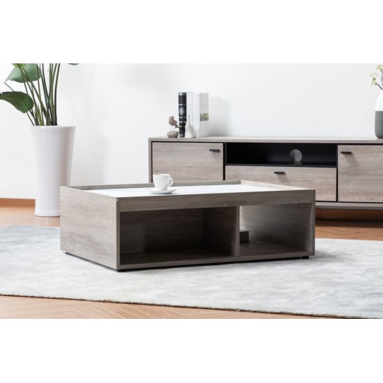 Apollo Gray Oak Finish Coffee Table with Marble Finish Top with Drawer