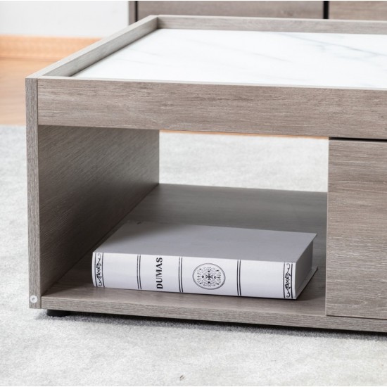 Apollo Gray Oak Finish Coffee Table with Marble Finish Top with Drawer