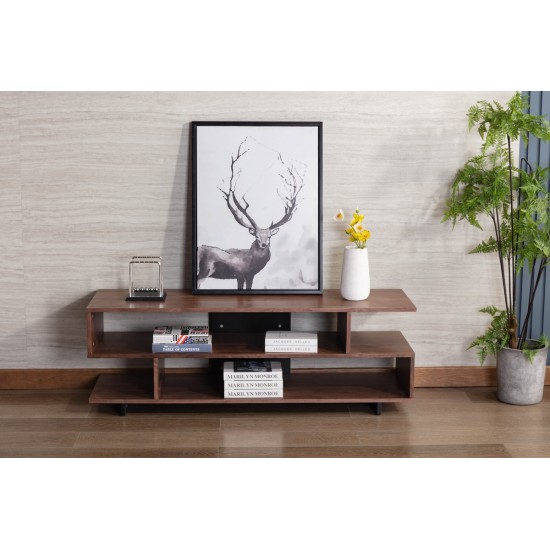 Iris Brown Walnut Finish TV Stand with 2 Levels of Shelves and Black Legs