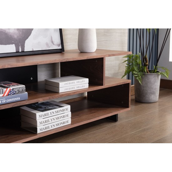 Iris Brown Walnut Finish TV Stand with 2 Levels of Shelves and Black Legs