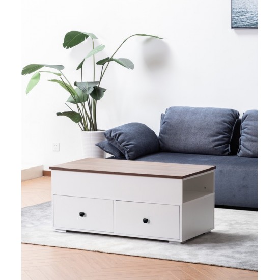 Luna White Coffee Table with Brown Walnut FinishTop, 2 Drawers, and 2 Shelves